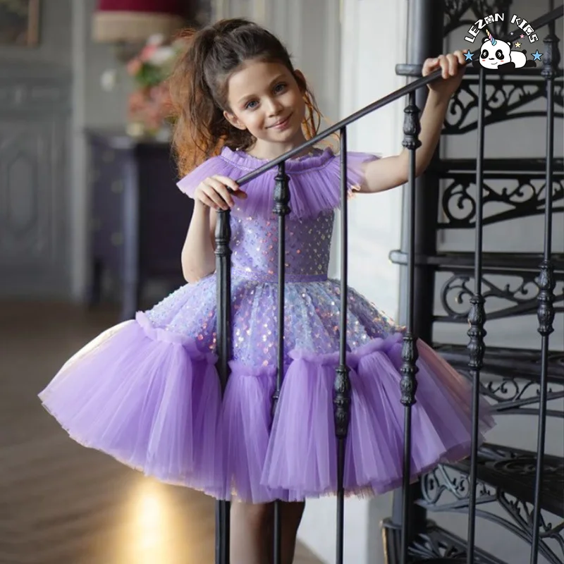LEZONKIDS - 2023 New Children's Dress Sequin Mesh Gauze Layered Girl Princess Ball Gown Dress For Girls